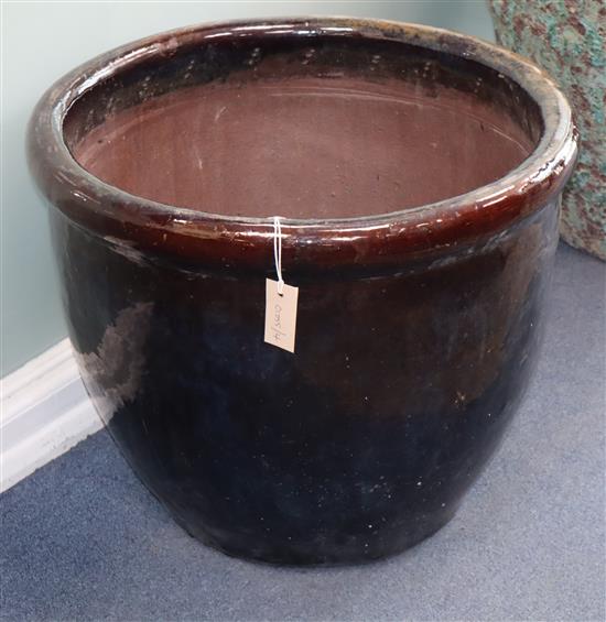 A large blue glazed garden pot W.60cm